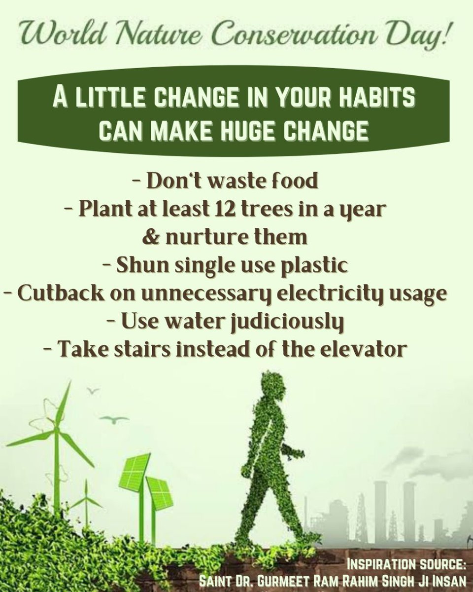 How can you conserve Nature and Natural Resources ?
Plant more trees.
Save water.
Avoid use of plastics.
Use renewable sources of energy.
Millions of <a href="/derasachasauda/">Dera Sacha Sauda</a> volunteers have pledged to contribute their best to conserve natural resources.
#WorldNatureConservationDay