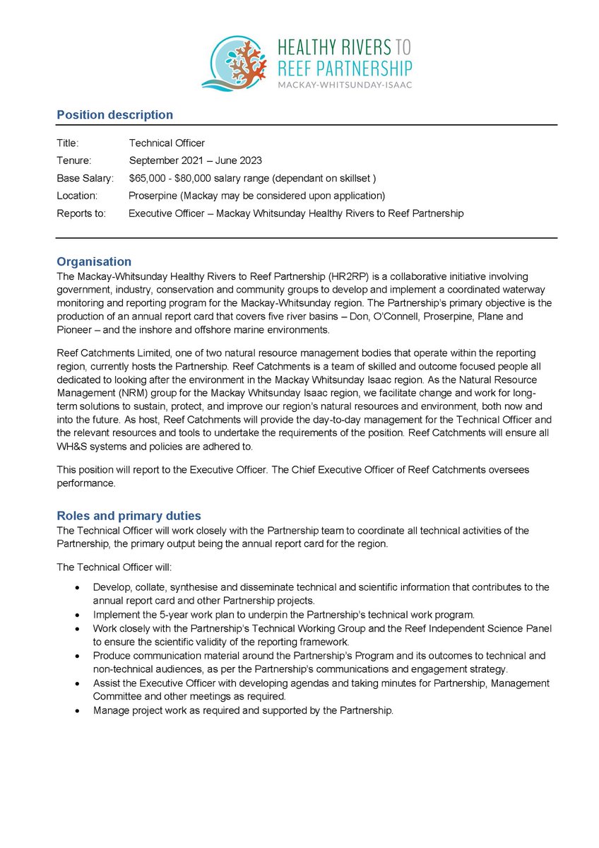 TalenTypes's tweet image. Hey to all aquatic science humans! 
I work for a Partnership between Traditional Owners, gov’t, industry and community to report on waterway health in the MWI Region of the Great Barrier Reef - and we’re hiring a technical officer!

Feel free to reach out with any questions.