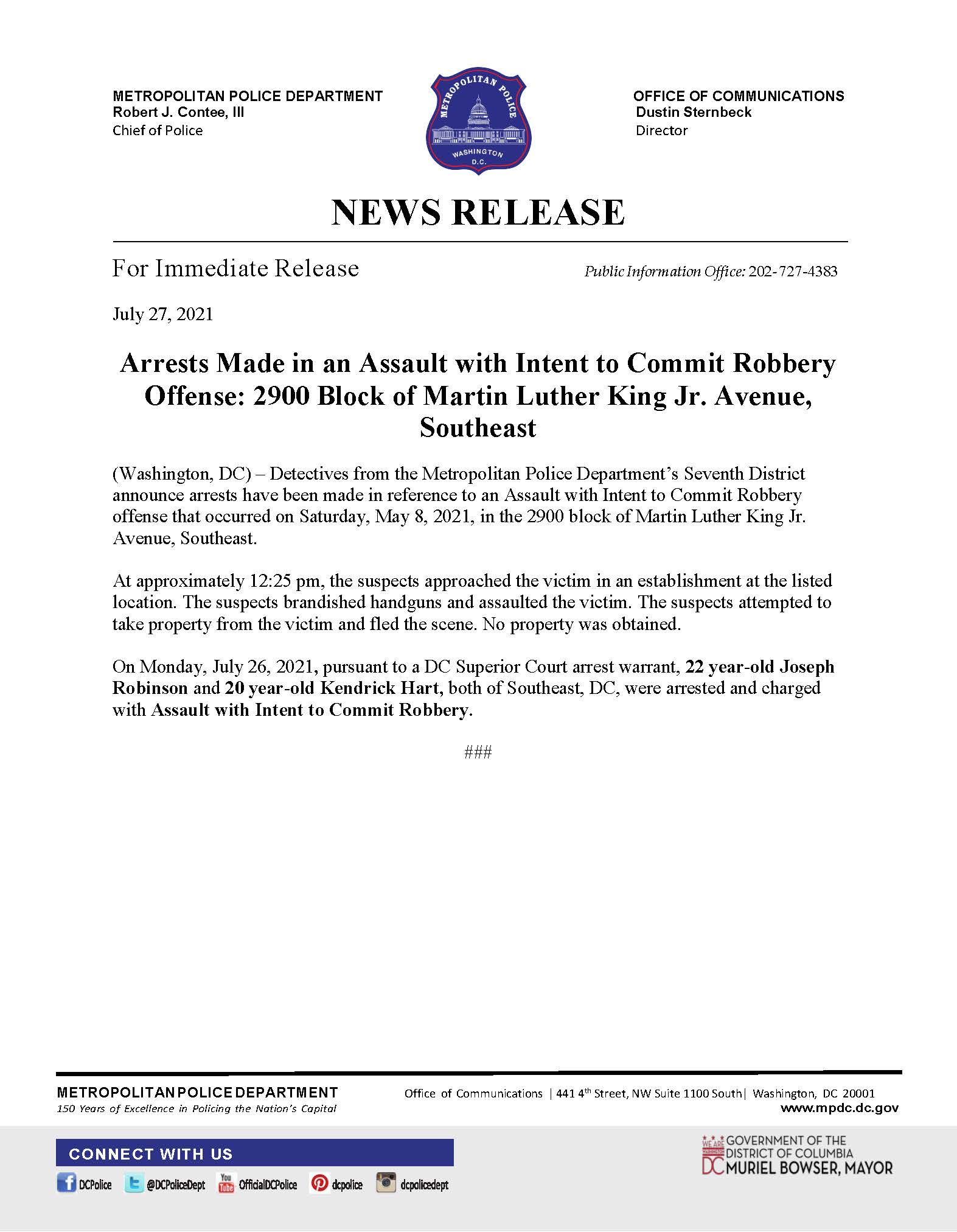 Dc Police Department Mpd Announces Arrests Have Been Made In An Assault With Intent To Commit Robbery Offense That Occurred On 5 8 21 In The 2900 Block Of Martin Luther King