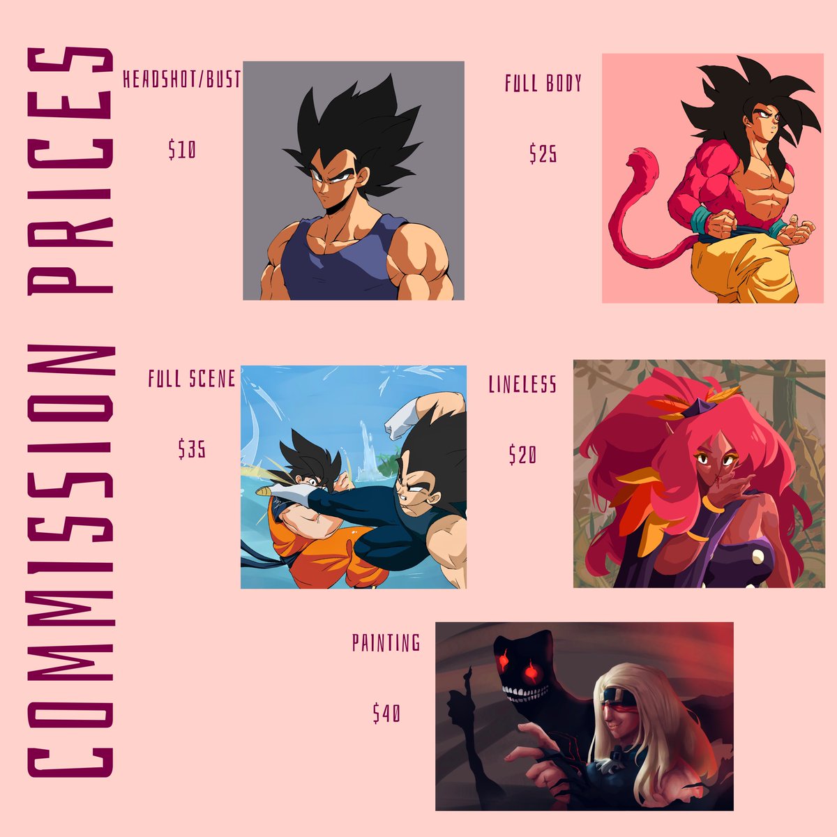 Niicasso's tweet photo. Looks like I’m trying my hand at commissions again. I largely do Dragon Ball work, as seen on the price sheet and the other images on this post, but I can also do other styles and subject matter, some of which I might show in the comments to this post. 

#commissionsopen https://t.co/npxVPQ6CXz