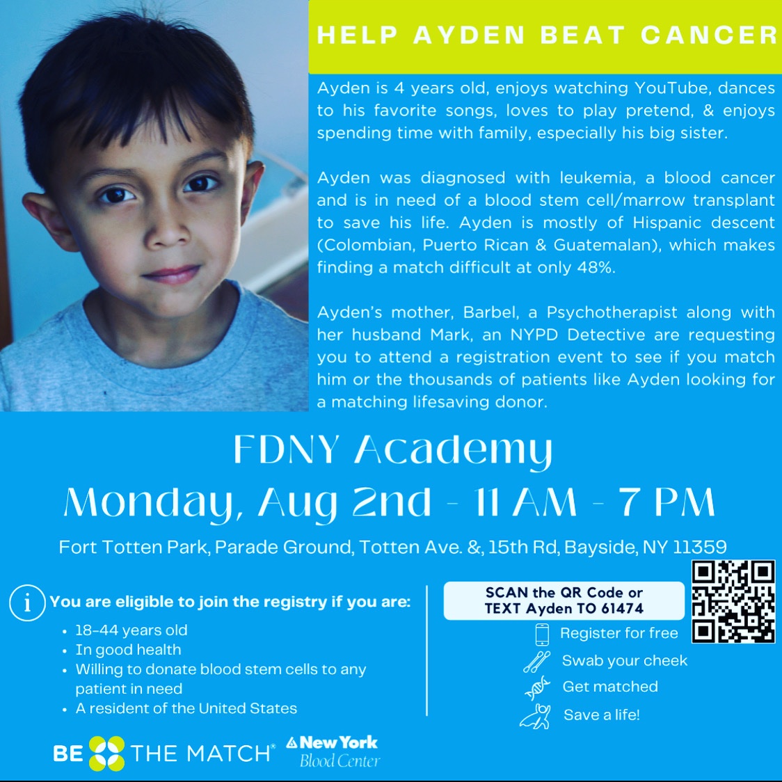 Maddy39856069's tweet photo. Please help 4 yo Ayden find a match. This is is last chance. Aug 2 at the ems fdny academy 11am-7pm https://t.co/vObfctycF5