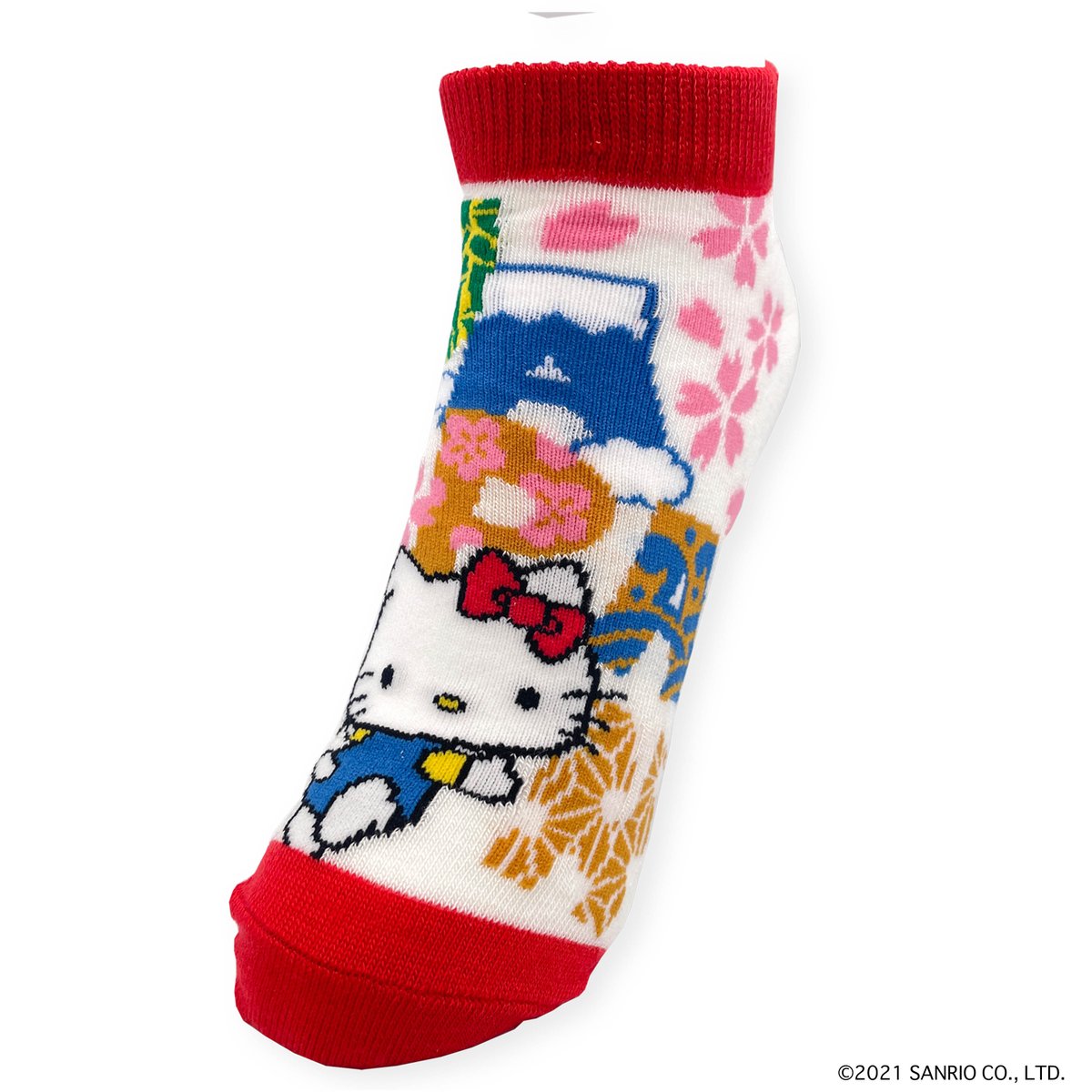 ハローキティ「JAPAN×ハローキティ 靴下・ロゴ 華やかなデザインで可愛い「JAPAN」ハロ」|ご当地キティのイラスト