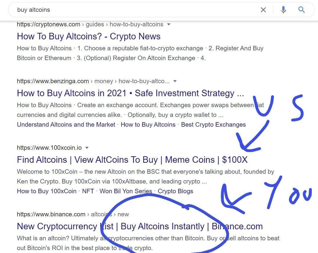 Hey <a href="/cz_binance/">CZ 🔶 BNB</a>
We noticed you guys have made changes to your Meta Titles to target altcoins search terms on Google. Nice try! But not quite 😉

We will show you how to do it, over 15 minutes of your time.

Let's #BUIDL