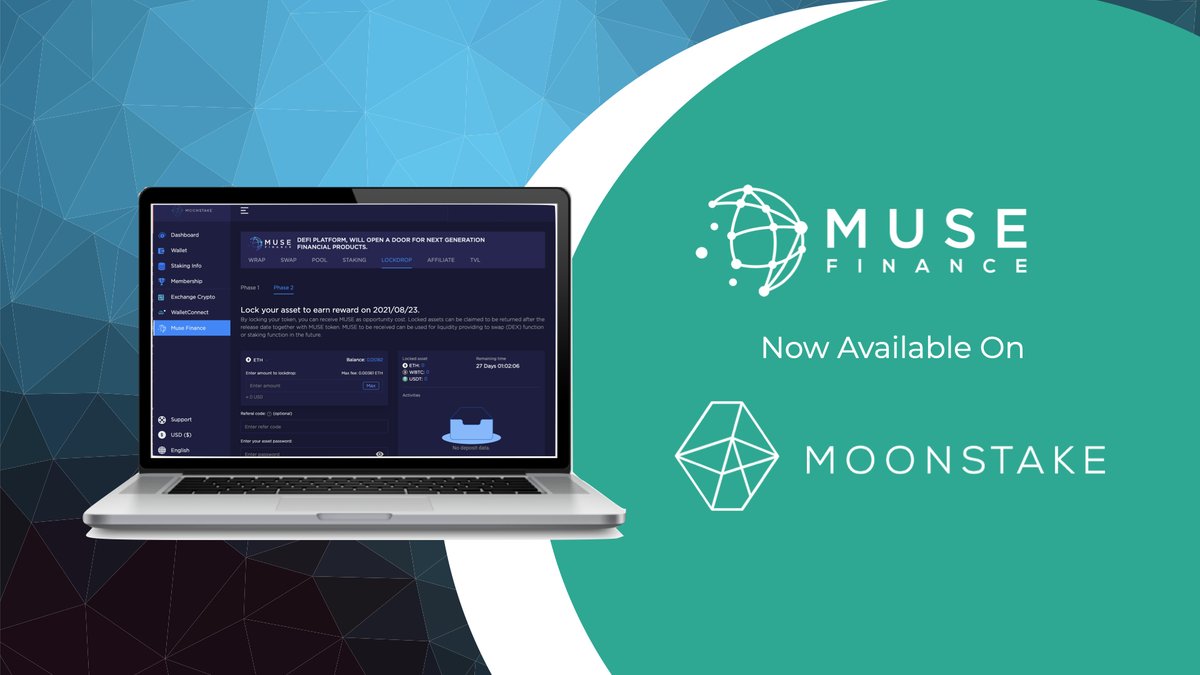 muse_finance's tweet photo. Muse's DeFi product now available on Moonstake Web Wallet. Direct DeFi access to Muse Ecosystem. For more information, please read https://t.co/VZ9ngzC6P3 https://t.co/VACaH8n4C6