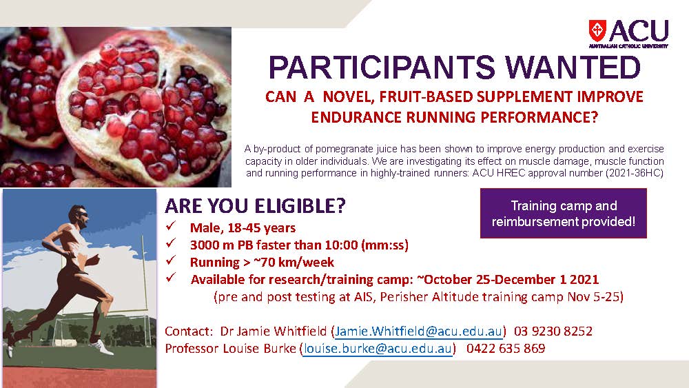 Alannah McKay (@mckayalannah) on Twitter photo Please RT:
Recruiting male distance athletes (runner/triathletes) for the camp 2 of the <a href="/MacKillopACU/">MacKillopInstitute</a> ENDURO altitude training study with <a href="/LouiseMBurke/">Louise Burke</a>, <a href="/jwhitfie/">Jamie Whitfield, PhD</a> and @JohnAHawley.
3 week altitude camp with food/accommodation included.
Get in touch! Please RT:
Recruiting male distance athletes (runner/triathletes) for the camp 2 of the <a href="/MacKillopACU/">MacKillopInstitute</a> ENDURO altitude training study with <a href="/LouiseMBurke/">Louise Burke</a>, <a href="/jwhitfie/">Jamie Whitfield, PhD</a> and @JohnAHawley.
3 week altitude camp with food/accommodation included.
Get in touch!