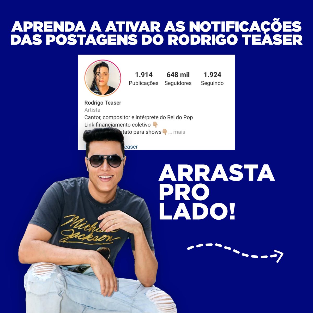 VaiTeaser's tweet photo. Quer estar sempre por dentro de todas as novidades do Rodrigo Teaser? ❤💥 Então arrasta para o lado e siga esses passos para ser notificado toda vez que ele postar algo. É rapido e fácil.🥰
#centraldefasrt
#rodrigoteaser #lançarodrigo #michaeljackson #tributoaoreidopop https://t.co/BOn2FzFHDN