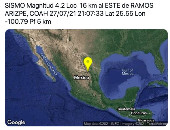 CICsal's tweet photo. *AVISO* Se confirma el sismo en #Saltillo y #RamosArizpe Magnitud de 4.2 | 21:32 https://t.co/j3Dfj3ynyz
