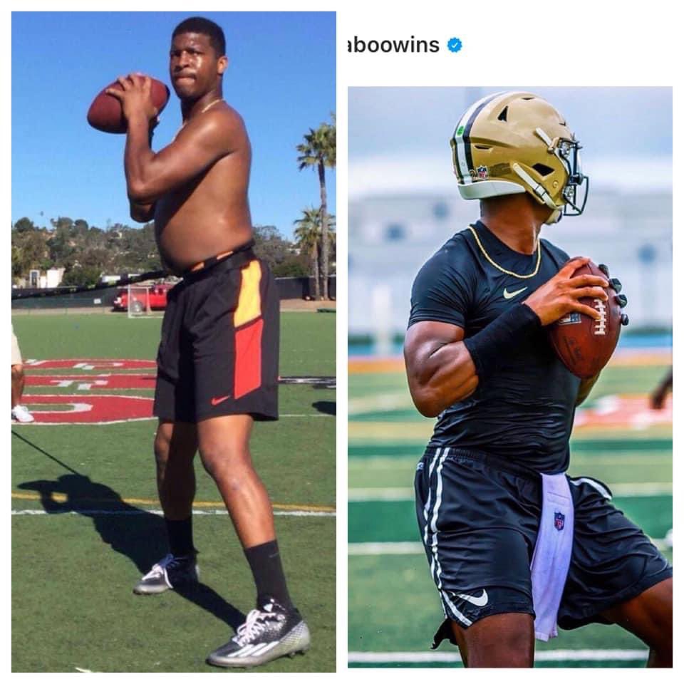 MichaelBalkoJr's tweet photo. The first picture is Jamies Winston with the #Bucs. The second picture is of him this offseason. If you honestly believe he’s going to be the same QB this season with the #Saints then you clearly don’t know what development is. https://t.co/63LebQRprt