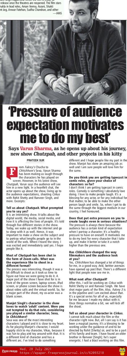 'I have found an older brother in @RanveerOfficial': @varunsharma90 gets candid about his journey, and new show '#Chutzpah' By @iPrats freepressjournal.in/entertainment/…