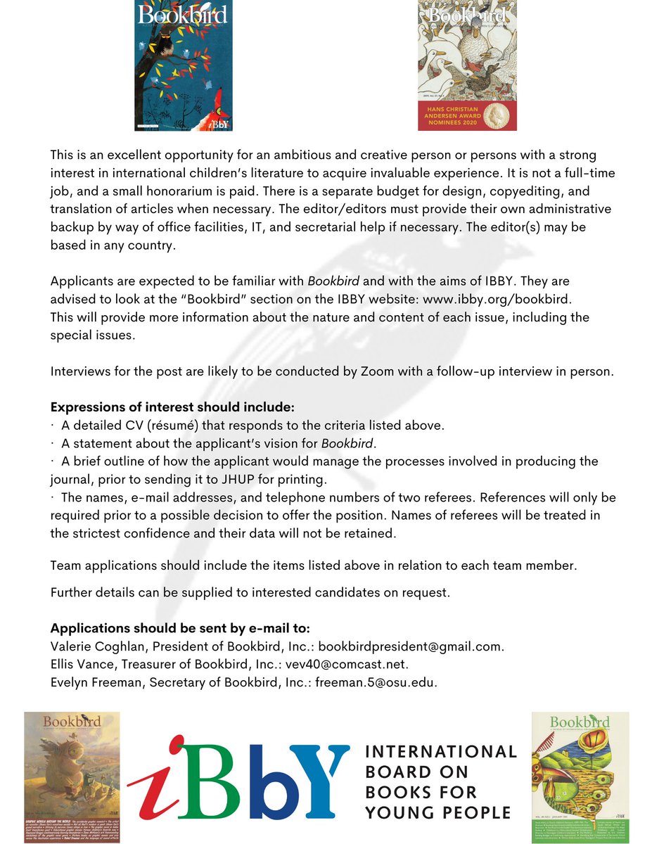 BOOKBIRD is looking for a new editor (or team of editors)! Interested? Applications due Oct. 1, 2021 MORE INFO HERE: ibby.org/fileadmin/user…