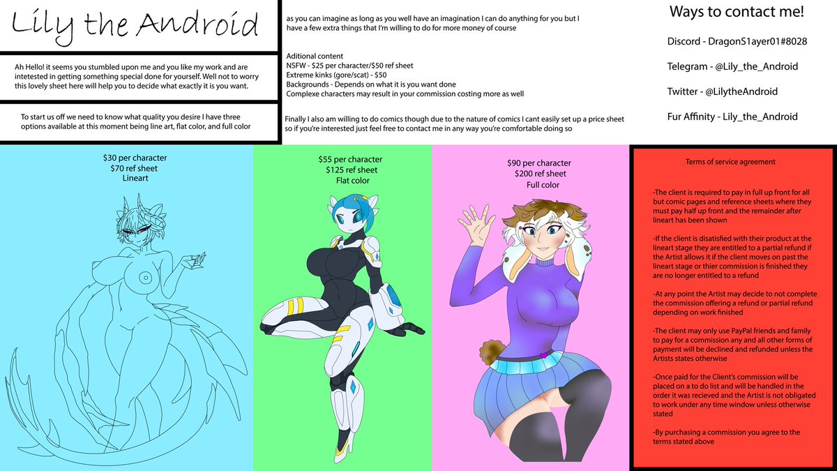 LilytheAndroid's tweet image. Decided to make a new and updated commission sheet that should hopefully answer any and all questions people have~ and of course my door is always open ^-^