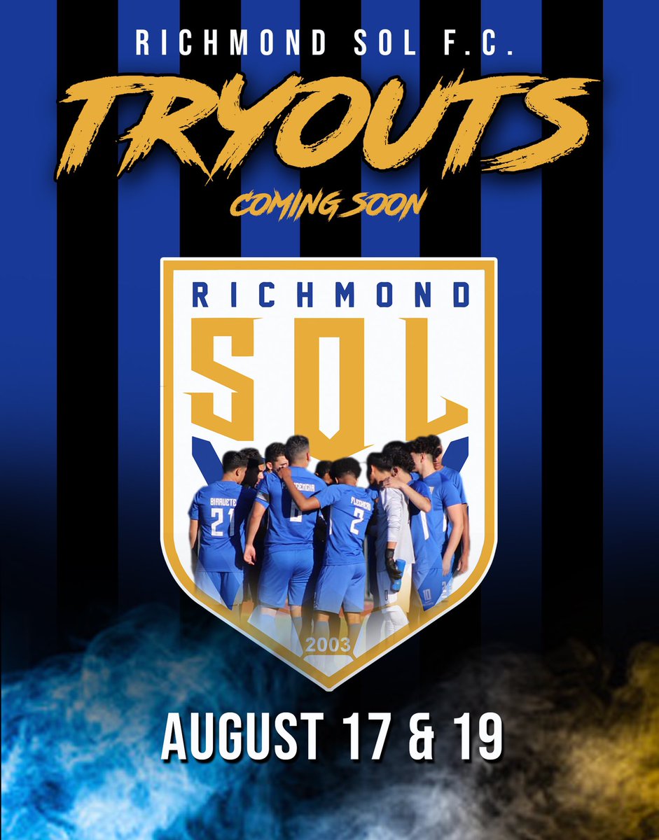 🔵⚫️🟡⚪️TRYOUTS🔵⚫️🟡⚪️

Sign ups for tryouts coming soon, but for now get prepared for the date. If you need a place to get in some touches in and get prepared for tryouts come by to RSOL OPEN FIELD. 

#richmondsolfc #richmondvseverybody #prideandpurpose #ittakesallofus #allin