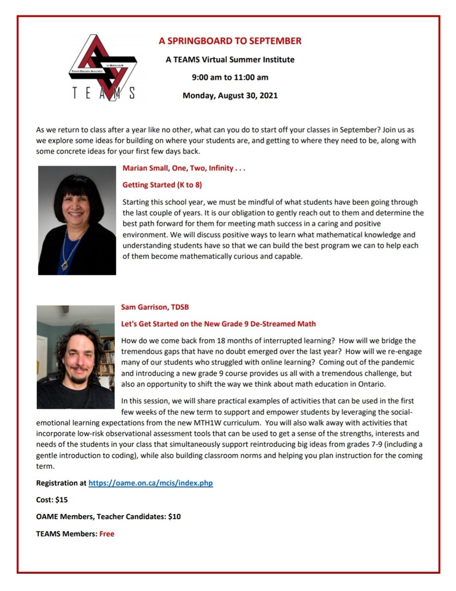 <a href="/O34ME/">O34ME</a> members! Check out this professional learning opportunity hosted by <a href="/TEAMS_OAME/">TEAMS</a>, "A Springboard to September." Aug30, 9-11am. Register at: oame.on.ca/mcis/index.php <a href="/OAMEcounts/">OAME/AOEM</a>