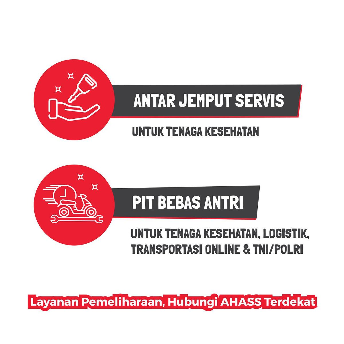 KuninganMotor's tweet photo. Kepada seluruh pahlawan di kondisi sekarang ini...
Tetap semangat, terus bergerak bersama, kami rawat motormu!
Honda menyediakan layanan Antar Jemput Servis bagi para tenaga kesehatan. Serta, layanan Pit Bebas Antri bagi tenaga kesehatan, logistik, transportasi online &amp; TNI/POLRI https://t.co/FIpLLWCTms
