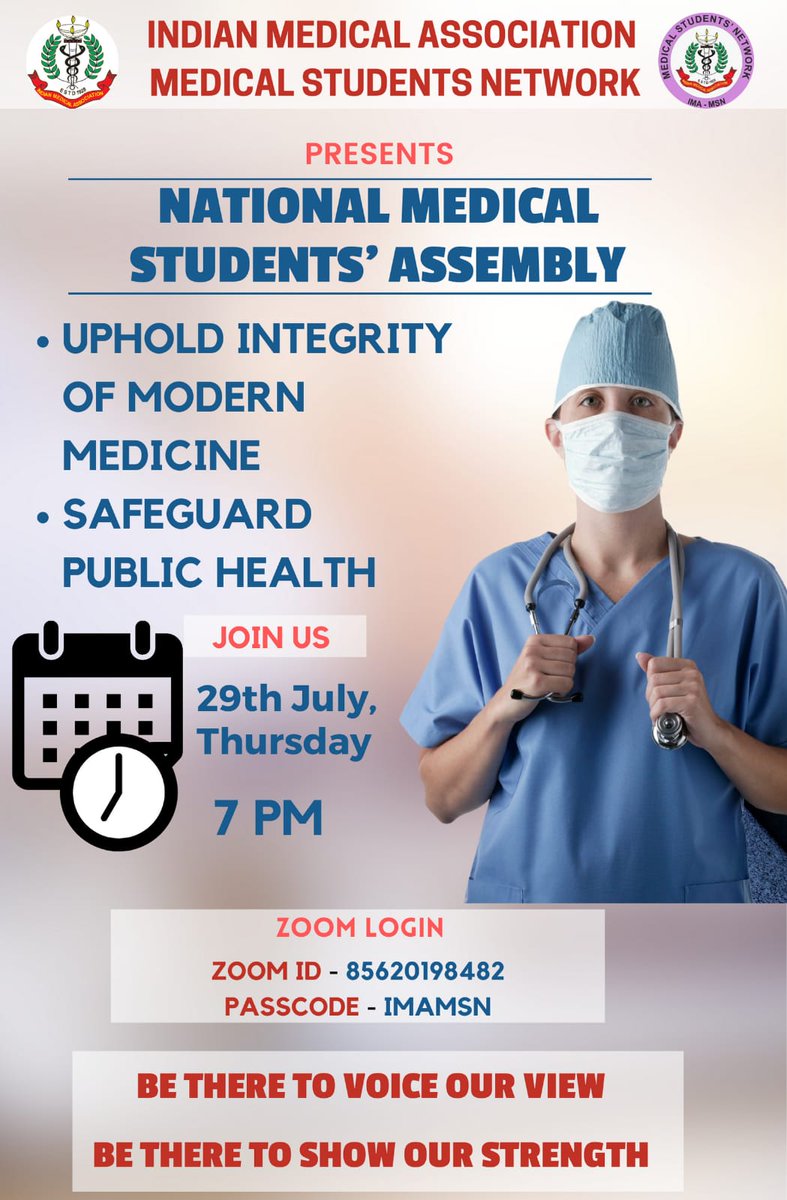 HqsMsn's tweet photo. IMA MSN
*National Medical Students Assembly*
for Integrity of Modern medicine and
Safeguarding public Health

*29th July thursday 7pm*

Link - https://t.co/Zvu1cyiLMd
Passcode - imamsn

Be there to voice our view
Be there to show our strength https://t.co/L2lQiiQiln