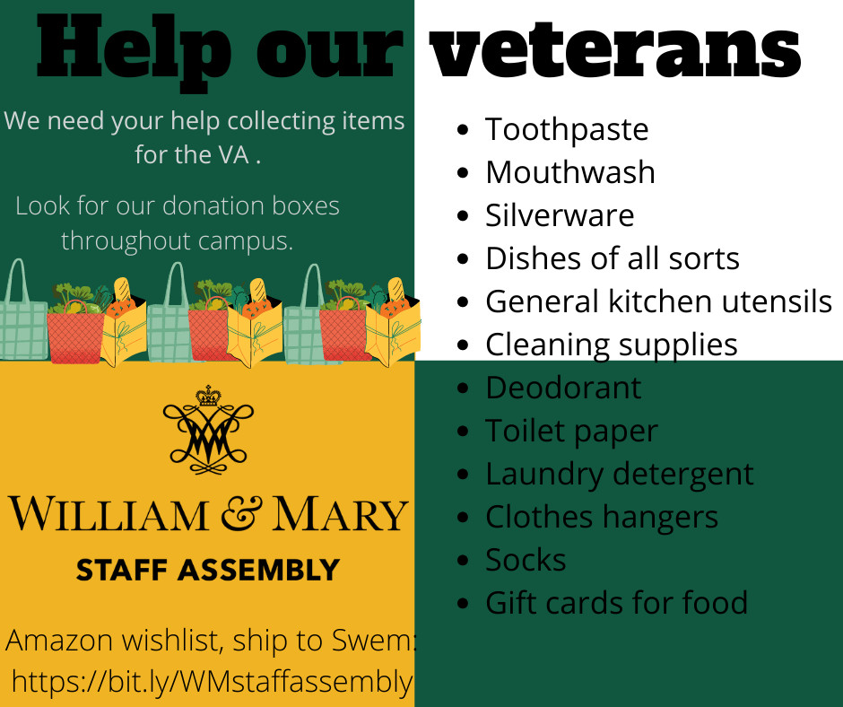 WMStaffAssembly's tweet image. Help us collect items for our veterans! Reach out to staffassembly@wm.edu with any questions.