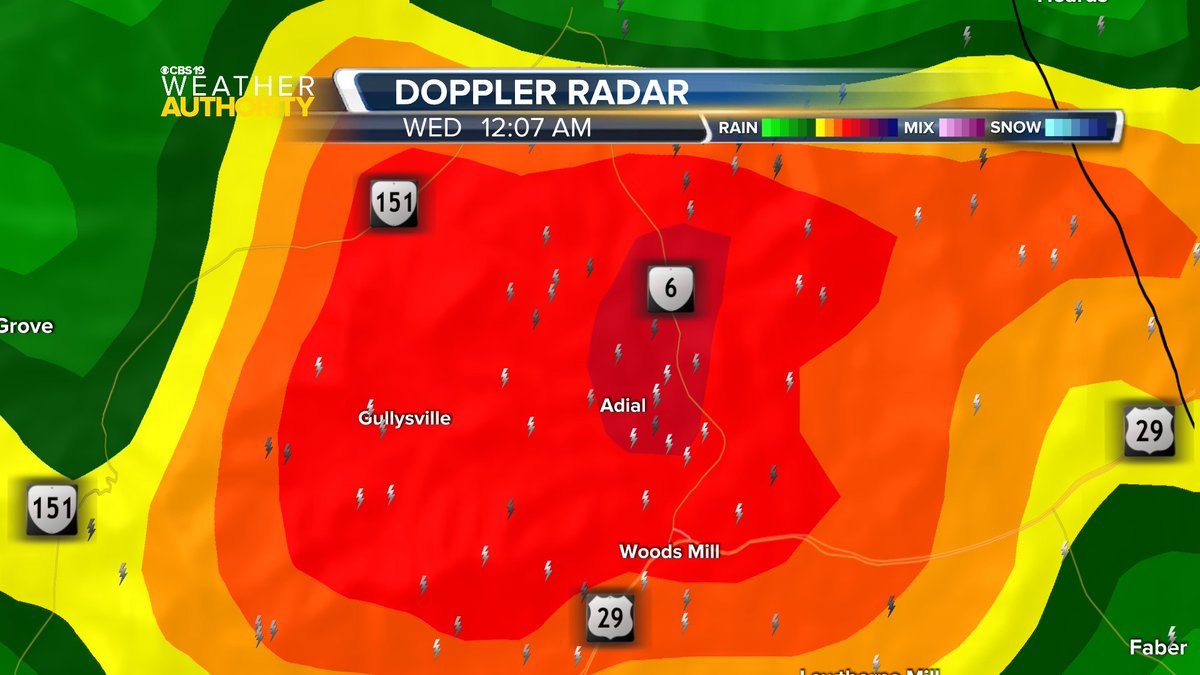 TravisKoshko's tweet photo. Radar estimates over two inches of rain have fallen in northern Nelson County in the last hour. The most intense rain right now is over Woods Mill and heading toward Faber, Schuyler, Rockfish, and Elma. There is a LOT of lightning with this storm, too. #vawx https://t.co/D5xQFswTDG