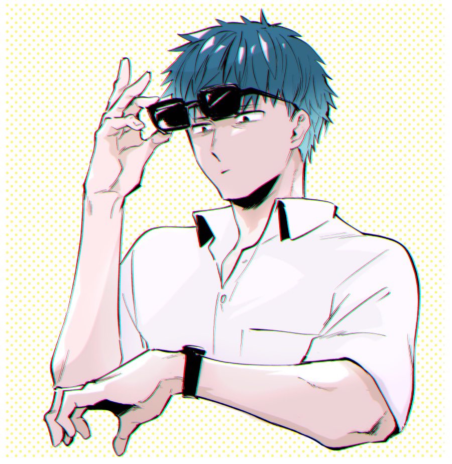 1boy male focus solo blue hair shirt sunglasses watch  illustration images