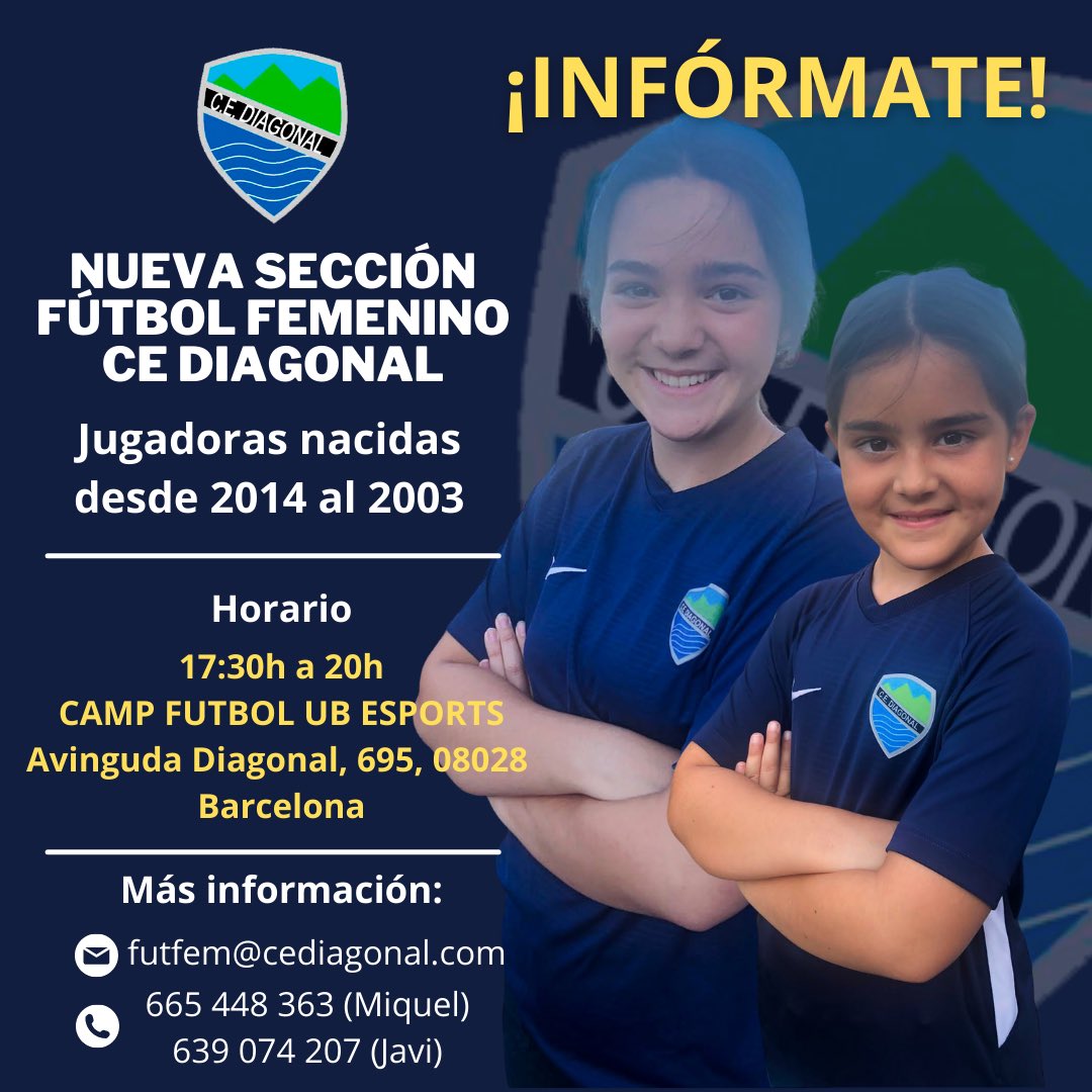 ce_diagonal's tweet image. 🔹NUEVA SECCIÓN FÚTBOL FEMENINO🔹 

Apúntate a nuestro listado de pruebas:

⏰ 17:30h a 19:30h
📍 Camp Futbol UB Esports
🖋 Más información e inscripciones: 

📞 665 448 363 (Miquel) 
📞 639 074 27 (Javi)
💻 futfem@cediagonal.com

¡Ven!⚽️

#Somdiagonal #futfem
