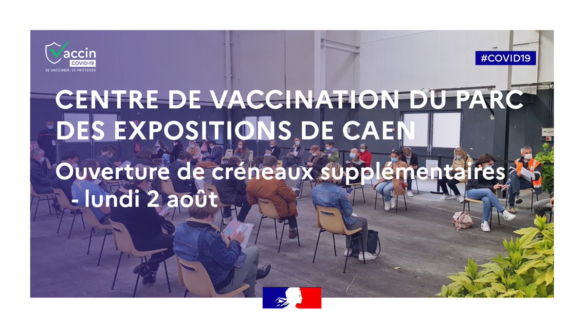 #COVID19 [PARC DES EXPOSITIONS DE #CAEN]
Ouverture de créneaux de #vaccination supplémentaires
🗓️lundi 2 août 2021
ℹ️ Des créneaux de vaccination sont encore disponibles pour le jeudi 29 et le vendredi 30 juillet !
N'hésitez plus, prenez rdv sur <a href="/keldoc/">KelDoc, la solution de prise de rdv en ligne</a> ⤵️
keldoc.com/centre-hospita…