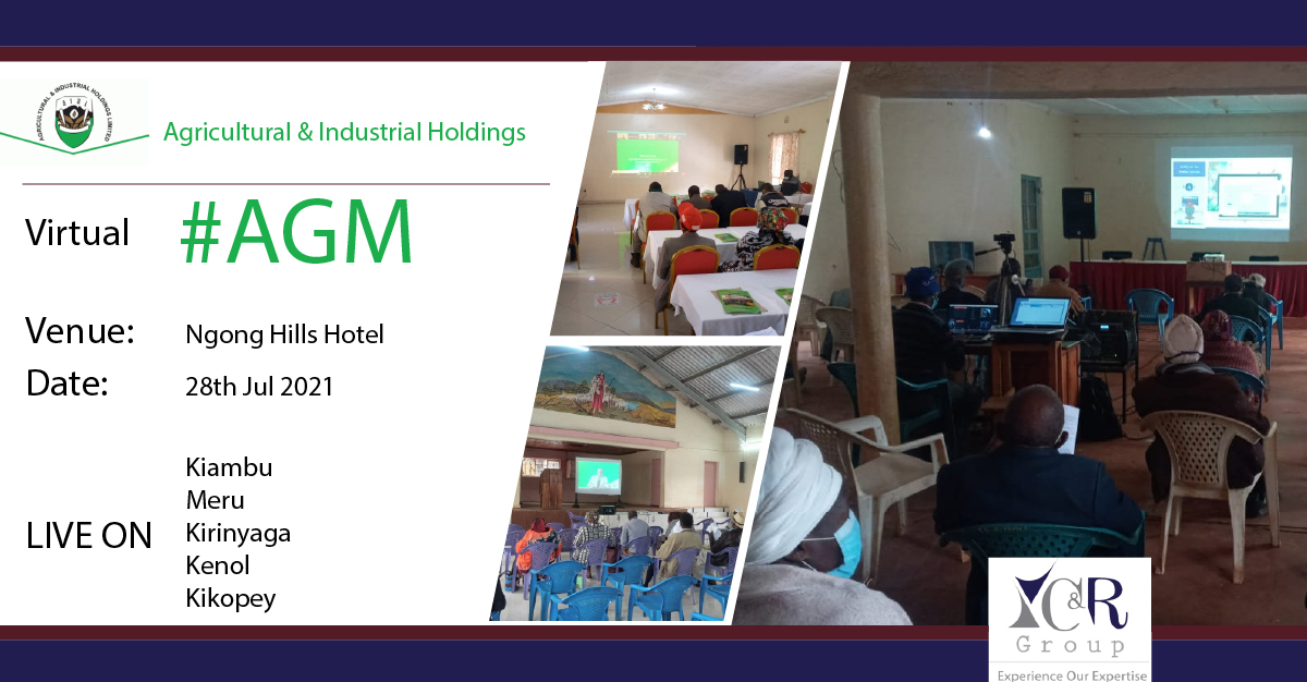 CandRGroup's tweet photo. #CandRDigital live for the Agricultural & Industrial Holdings #AGM at Ngong Hills Hotel. We are streaming live in five regions; Kiambu, Kirinyaga, Kikopey, Meru & Kenol. Shareholders watching live proceedings. Thank you #AgriculturalAndIndustrialHoldingsAGM #VirtualAGM https://t.co/lnCBglExpq
