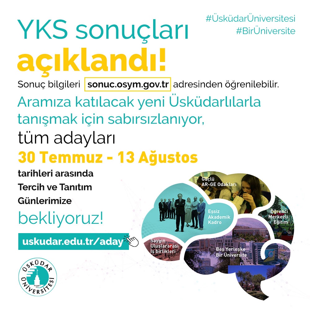 YKS sonuçları açıklandı❗Üniversitemizle ilgili tüm merak ettikleriniz için 30 Temmuz - 13 Ağustos tarihleri arasında Tercih ve Tanıtım Günlerimize ve uskudar.edu.tr/aday sayfamıza bekliyoruz.

#ÜsküdarÜniversitesi 
#yks #yks2021tayfa #yks2021 #yks2020 #yks2019 #yks2018