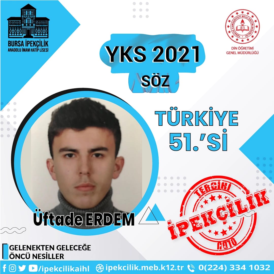 Bursa İpekçilik AİHL'den art arda güzel haberler gelmeye devam ediyor. 

Öğrencimiz Üftade Erdem, YKS Sözel alanda Türkiye 51'incisi olma başarısını gösterdi. 👏