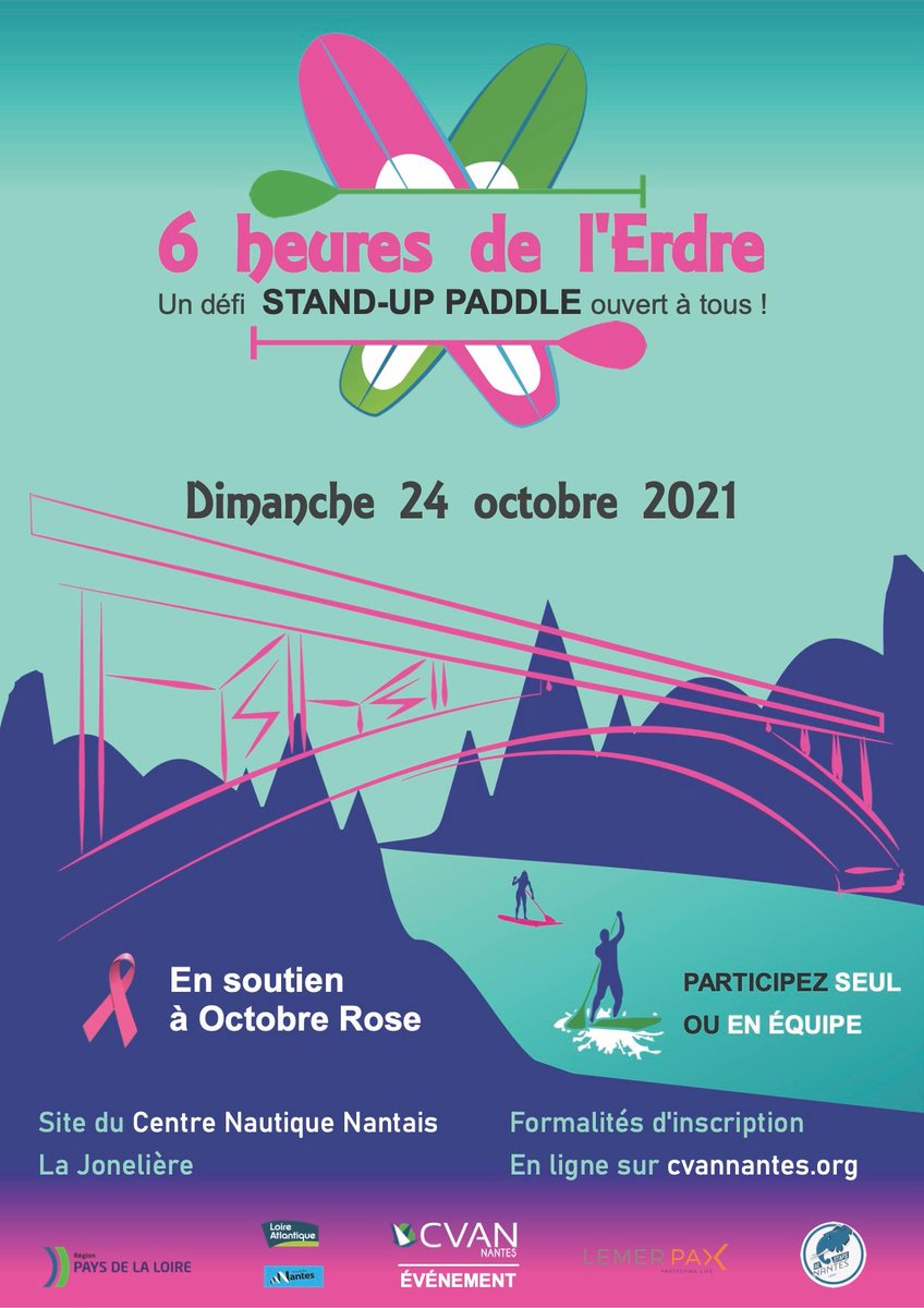 Le défi stand-up Paddle "Les 6 heures de l'Erdre" revient les 23 et 24 octobre 2021 ! 💦
Les bénéfices de l'évènement seront reversés à l'Institut de Cancérologie de l'Ouest pour la recherche contre le cancer du sein. 💖
Plus d'infos ➡️ facebook.com/events/5146731…