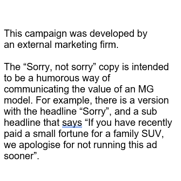 davidrvetter's tweet photo. I contacted MG Motor UK about their #MGSorryNotSorry campaign to promote a range of petrol SUVs in the UK, to ask why they chose this phrasing to market their vehicles. Their response was as follows: https://t.co/MWCwPgBqi8