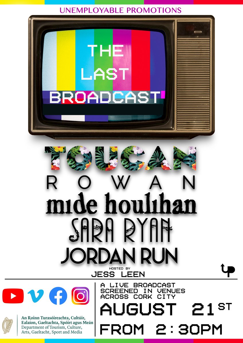 UnemployableIE's tweet image. We're DELIGHTED to announce 'The Last Broadcast' on Aug 21, featuring 5 amazing acts performing live (in @CyprusAveCork &amp;amp; Cork School of Music) As well as being streamed online, the gig will be screened in some venues around Cork City, as it's happening.
Thanks to @DeptCulturelRL