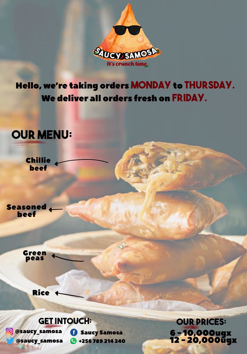 Who doesn’t love a crunchy but adequately moist samosa? 
WhatsApp, DM or call us today to place an order for a dozen or half dozen pack of the sauciest samosas in town.
#itscrunchtime