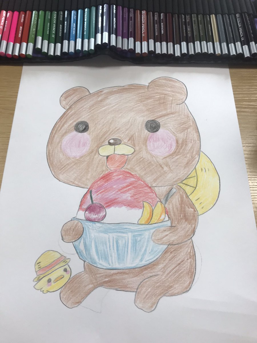 高瀬きり 夏がテーマのくまさんの絵 簡単ですが 色鉛筆で描きました かき氷は イチゴ味かな イラスト くま 夏 車椅子 脊髄損傷