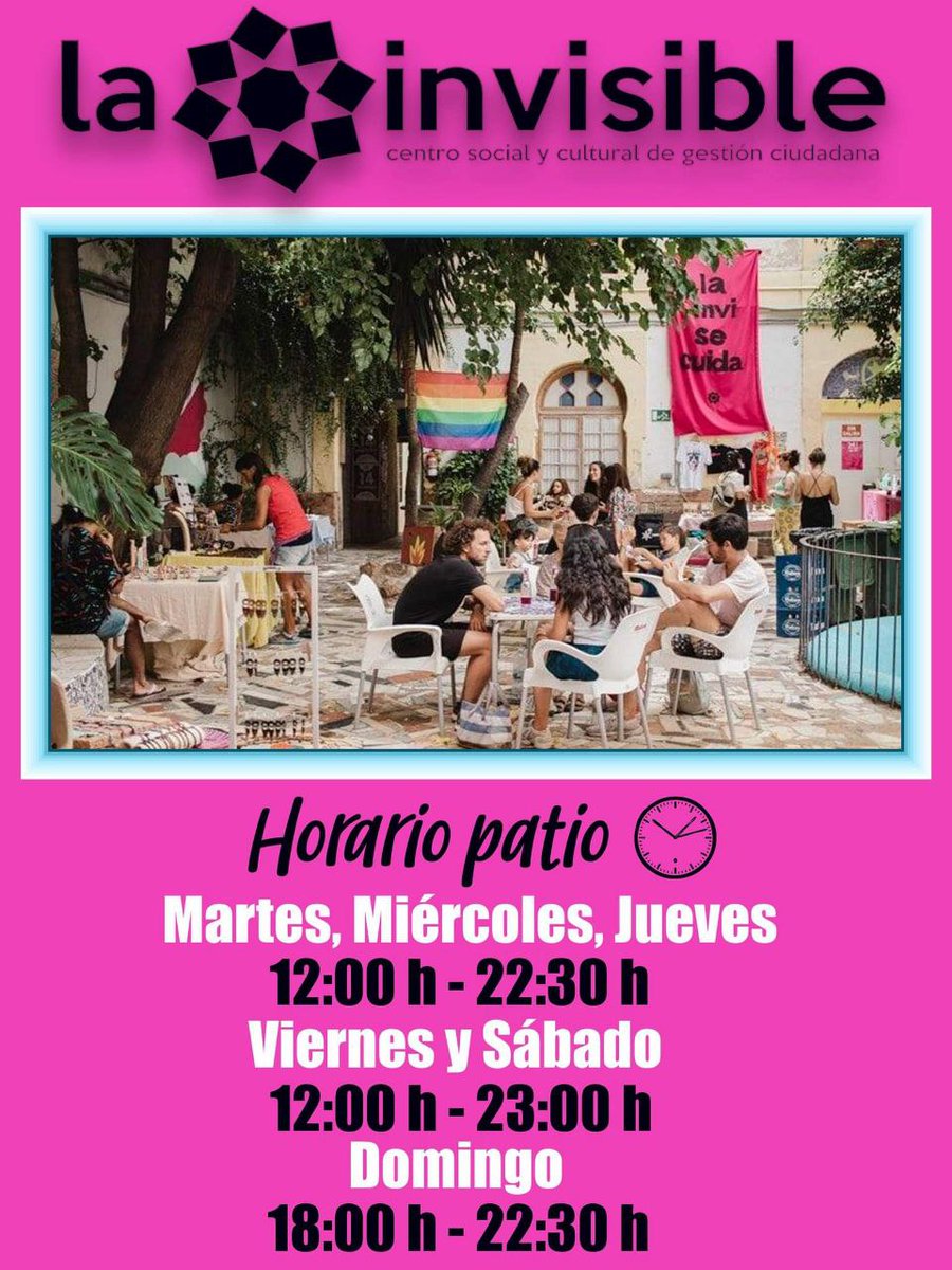 LaCasaInvisible's tweet photo. 🌞 Llega agosto y el patio amplía su horario de apertura!!

📅 Horario 

Martes, miércoles y jueves de 12h a 22:30h
Viernes y sábados de 12h a 23h
Domingos de 18h a 22:30h

Nos vemos casi a diario, Invisibles! 💜

#LaInviSeCuida https://t.co/z0VMTVB58t