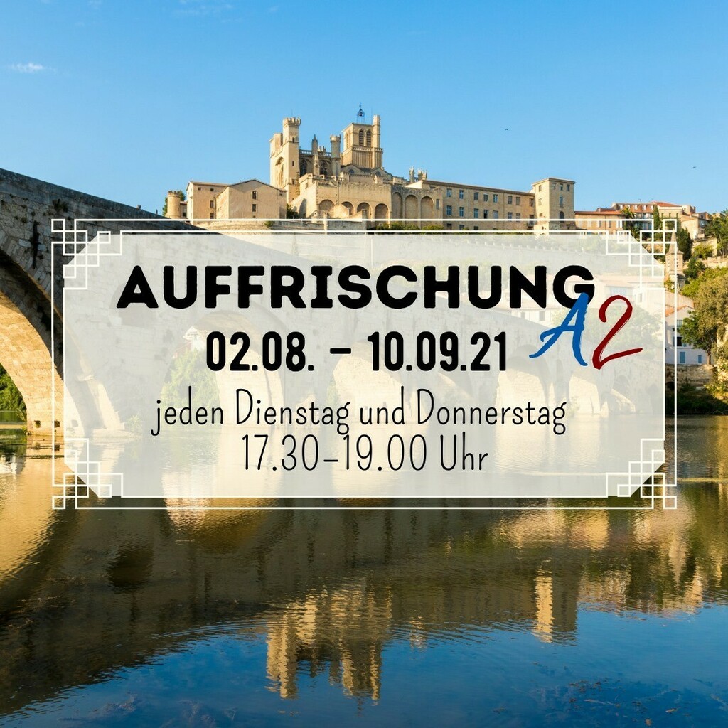 Im Monat August wird der Alltag gemütlicher. ☀️
Ein Hauch von Urlaub liegt über der Stadt. 🏖️
Warum also diese Zeit nicht nutzen, um die Französischkenntnisse aufzufrischen? 
Der Kurs Auffrischung A2: 
- 12 x 90 Minuten
- jeden Dienstag und Donnerstag (v… instagr.am/p/CR3T_jLIja3/