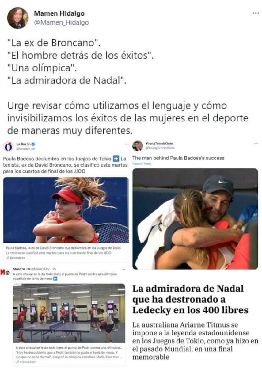 lauraprietolago's tweet photo. La mala prensa invisibiliza a las mujeres referenciandolas por los hombres que tienen cerca.

Ariarne Titmus, Paula Badosa, Maria Xiao y todas las demás atletas que están compitiendo estos días en #Tokio2020  merecen respeto y reconocimiento. Merecen ser nombradas. https://t.co/ja4s5ibw3B