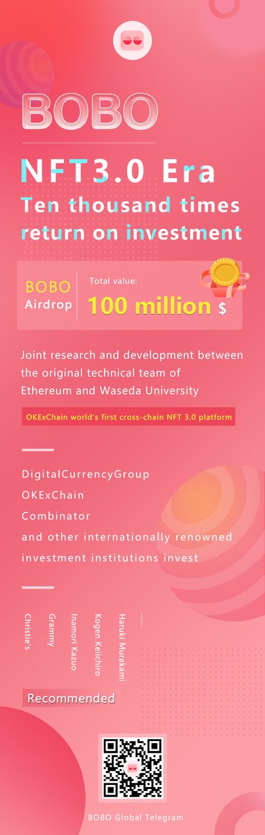 [Airdrop of BOBO] HOT!!!💥💥
Total value of airdrop more than US $100 million.
NFT3.0 Era, Ten thousand times return on investment.

Airdrop Link：pubinfo.boboblock.com/#/airdrop?lng=…

White Paper: pubinfo.boboblock.com/pdf/whitepaper…
More Info:pubinfo.boboblock.com/#/
Telegram:  t.me/BOBOGlobal