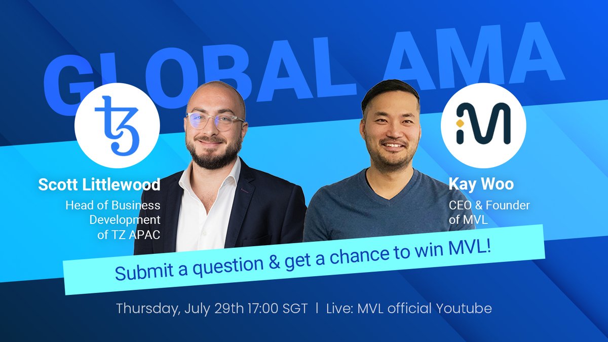 mvlchain's tweet photo. [Global AMA]

The Global AMA will be held at 17:00 SGT TOMORROW on MVL official Youtube.

Don't miss out the airdrop event of 5,000MVL for each winner in the AMA.

➡️ MVL Official Youtube: https://t.co/pEE4oM5djl

#tezos #TZAPAC #mvlchain https://t.co/xz8NEC87fF