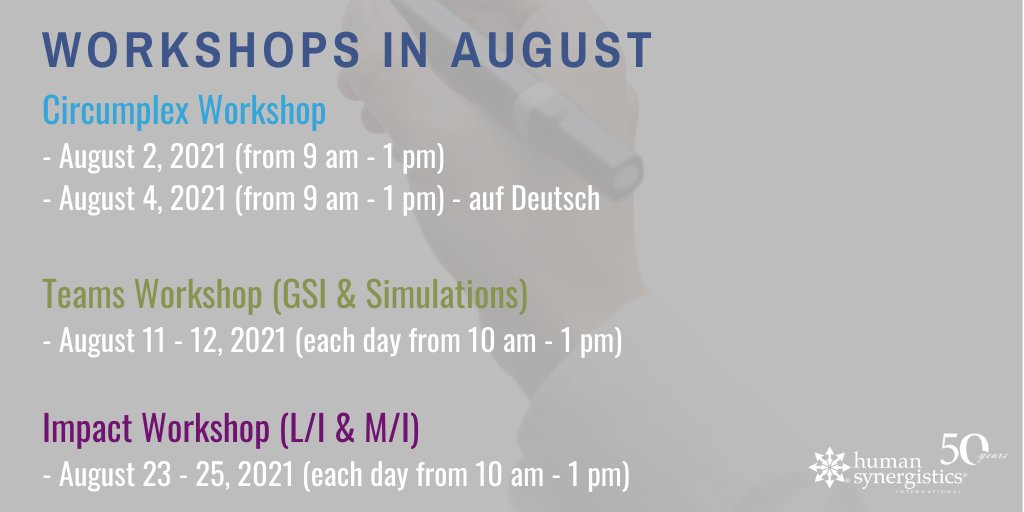 HS_InterConnext's tweet image. #WORKSHOPS IN AUGUST 

Take part in our CIRCUMPLEX Workshop to learn more about our Circumplex in general or in the #TEAMS and #IMPACT Workshop to get accredited in our instruments and use it within your team or #organization. 

To register contact us: bit.ly/3erwmkJ