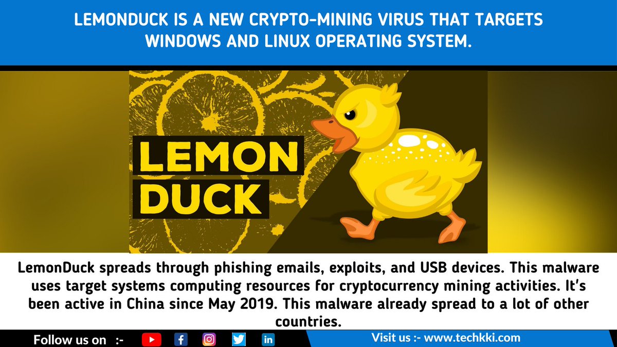 techkki's tweet image. LemonDuck is a new crypto-mining virus that targets Windows and Linux operating systems.
#lemonduck #Chinese  #virus #China #cryptocurrency #cryptomining #malware #Spyware #Windows #Linux #phising #exploits #USB #virustotal #technology #techkki #CryptoNews #tech #news