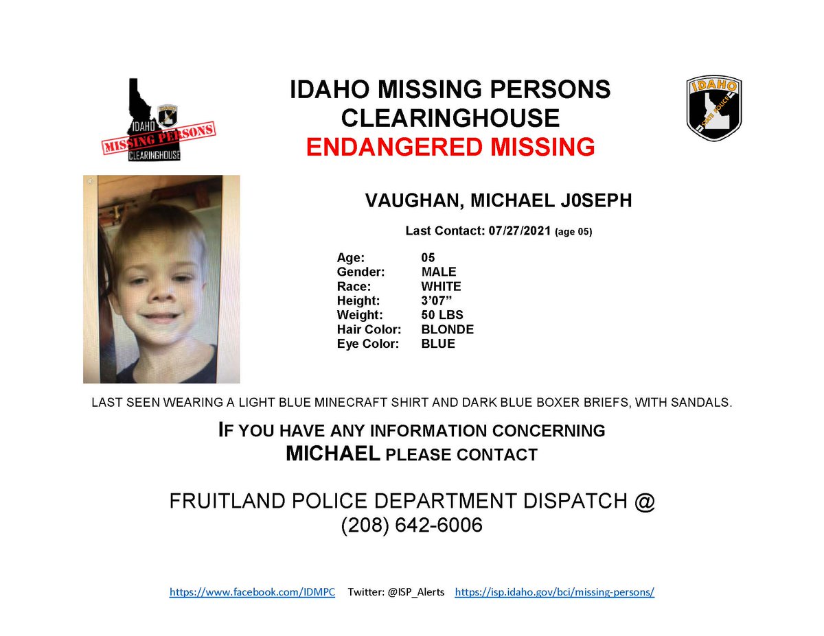 ISP_Alerts's tweet photo. The Idaho State Police is issuing an Endangered Missing Person Alert on behalf of Fruitland Police Department. 
The Fruitland Police Department is looking for missing and endangered 5 year old last seen in the area of SW 9th and Arizona in Fruitland, ID. If seen call 911 https://t.co/LNXyMMLUhC