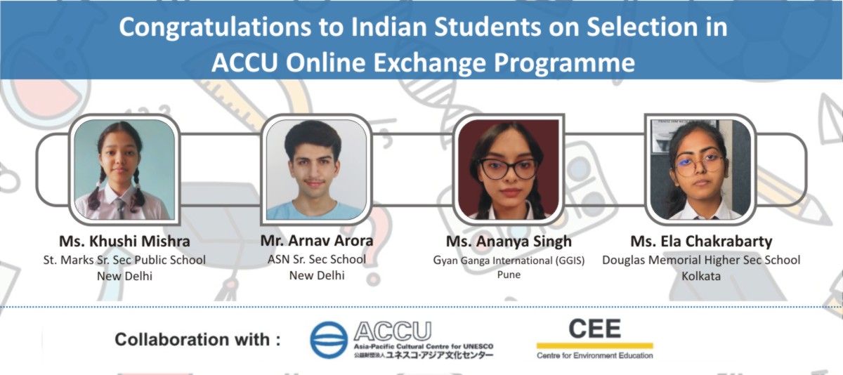 CEEahmedabad's tweet image. Big congratulations to the Indian students selected for the Online #StudentsExchangeProgramme - Model United Nations Conference by Asia-Pacific Cultural Centre for #UNESCO (ACCU). CEE has been working in collaboration with  ACCU on various programmes. 
#sustainableeducation