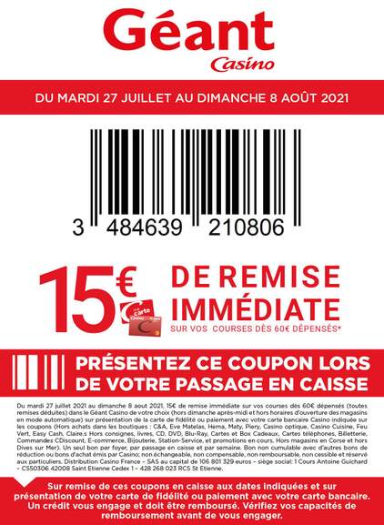 DealPartyFr's tweet photo. #Bonplan Pas mal cette promo de chez @Groupe_Casino  🔥

🔥 15€ de réduction des 60€ d’achat en présentant ce code dans votre Geant ou Supermarché casino et ce jusqu'au 8/08/2021

#dealparty
#courses 
#supermarche
#hypercasino https://t.co/VAfT70jLDh