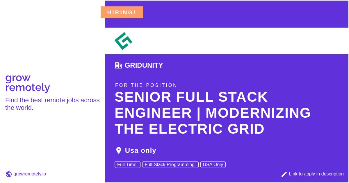 growremotelyio's tweet image. Check out this job at GridUnity for the position Senior Full Stack Engineer | Modernizing the electric grid.

 Apply link: growremotely.io/?id=61009e3e69…

#hiring #remotejobs #GridUnity #Programming