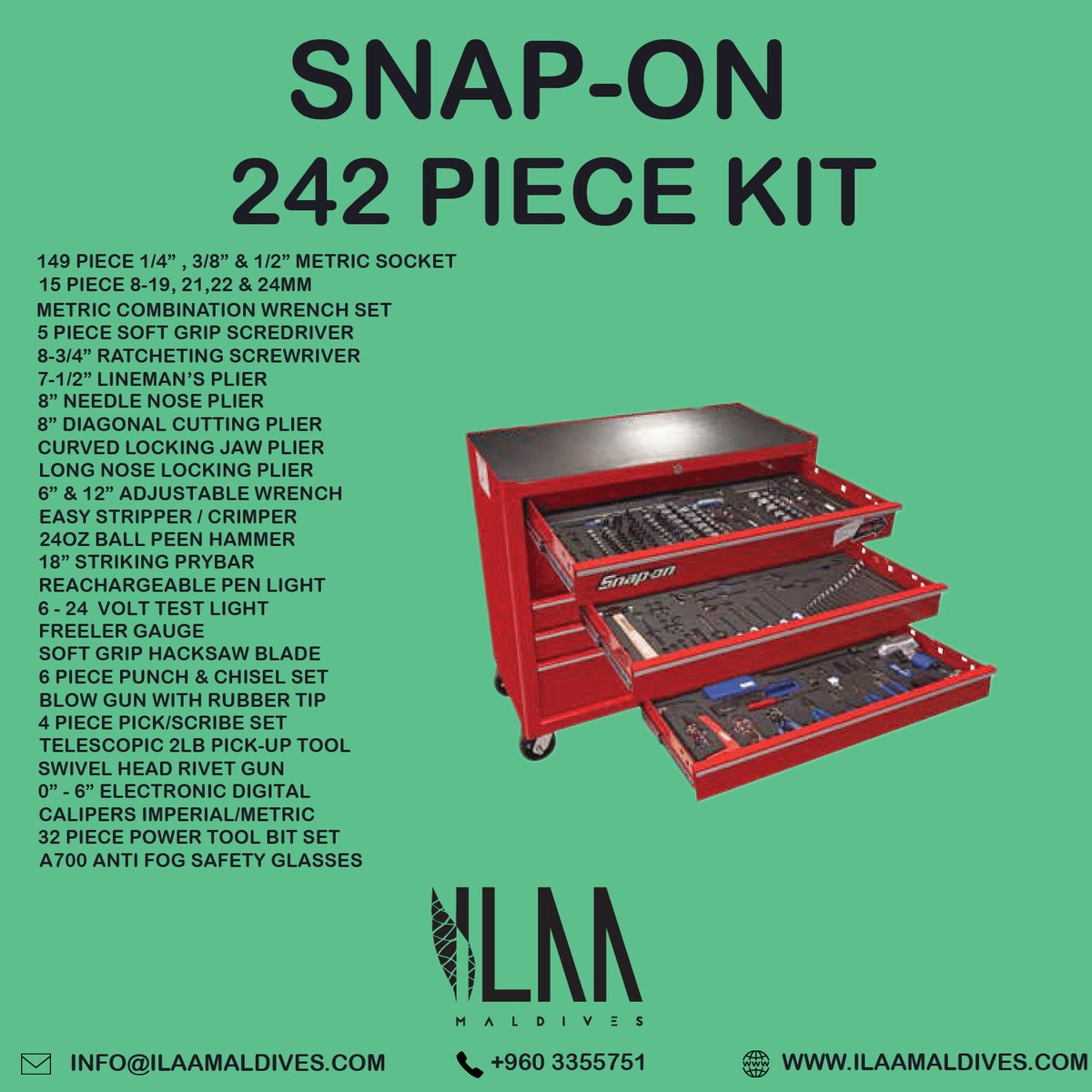 IlaaMaldives's tweet photo. Snap-On 242 Piece Kit, Tools your engineers require.
For more info reach us on
T: 3355751
E: info@ilaamaldives.com
W: https://t.co/TMIMEh0Ik2
#SnapOnTool #ILAAmaldives #Tools https://t.co/dfjIGP02Oa