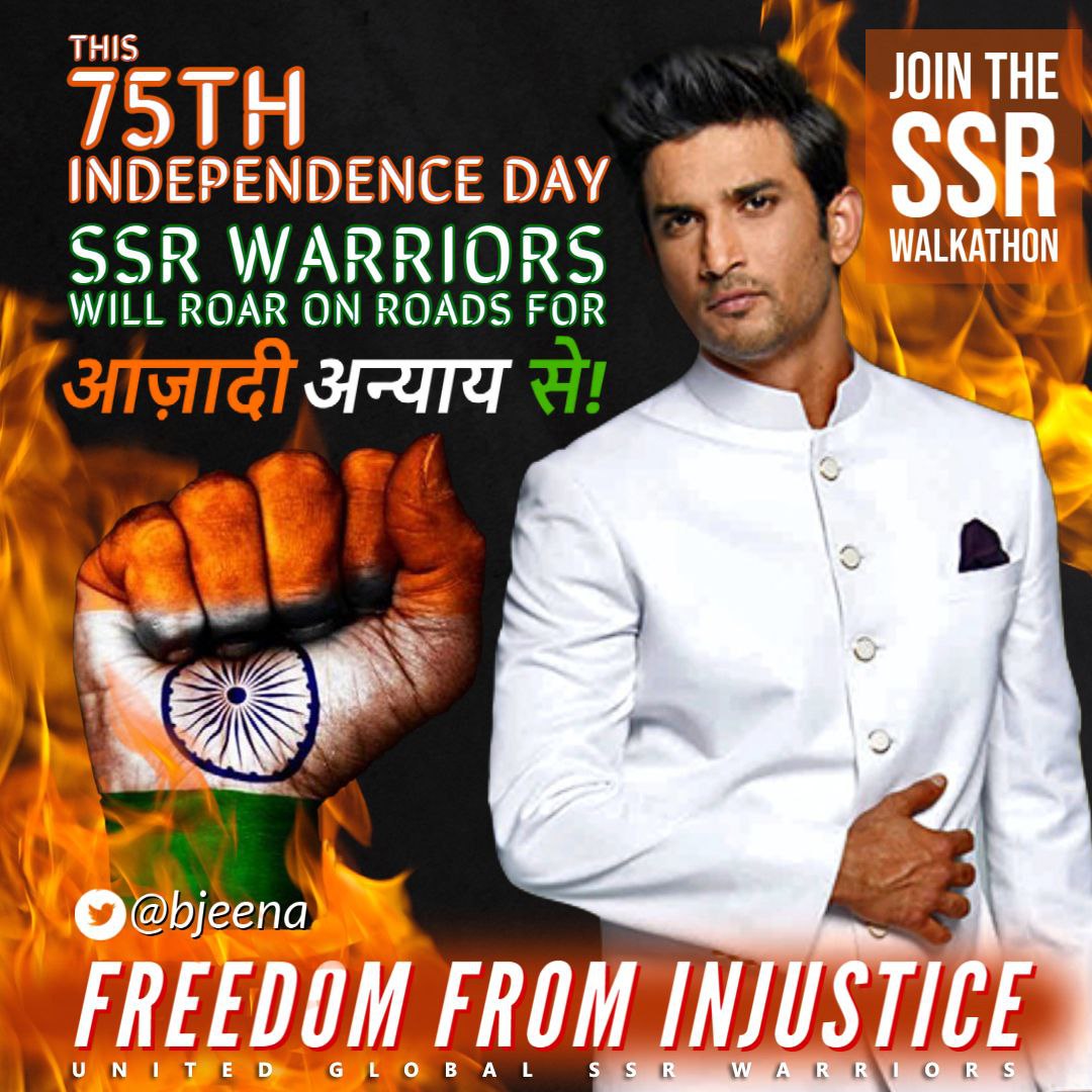 NabanitSSRian's tweet photo. Dear Warriors 📢📢

This 75th Independence Day 🇮🇳
Let Us Unite Again And Roar 🦁 For
"FREEDOM FROM INJUSTICE" ⚖️ ✊🔥
Sushant  Was Brutally Murdered 
#JusticeForSushantSinghRajput 
https://t.co/E16RheW4gg https://t.co/KkeiQP9kFA