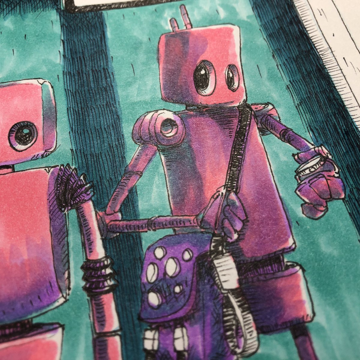 RobotsEveryday's tweet photo. I asked after their wristwatch, an impressively over-built thing.  “I want to perceive time as portions of the day rather than the steady ticking of moments lost.” #robotoftheday #mylifewithrobots #robot #illustration #sketch #wristwatch #time #waiting #city #colorsofthemonth https://t.co/CuPRbu892x