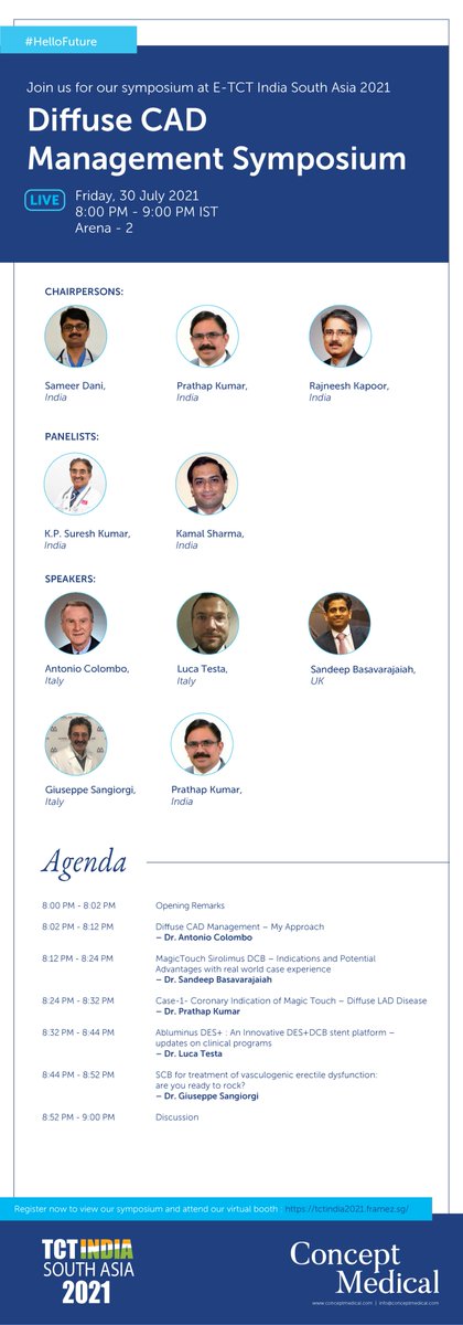 conceptmedicals's tweet photo. Join in to watch our Symposium at E-TCT India South Asia 2021 on "DIFFUSE CAD MANAGEMENT SYMPOSIUM."
𝐋𝐢𝐯𝐞
Friday, 30 July 2021
8:00 PM - 9:00 PM IST
Arena - 2
Register now: https://t.co/kgMjDHAXO2
#HelloFuture
#TCT2021
#tctindia
#coronaryarterydisease https://t.co/Hus1bEoOh2