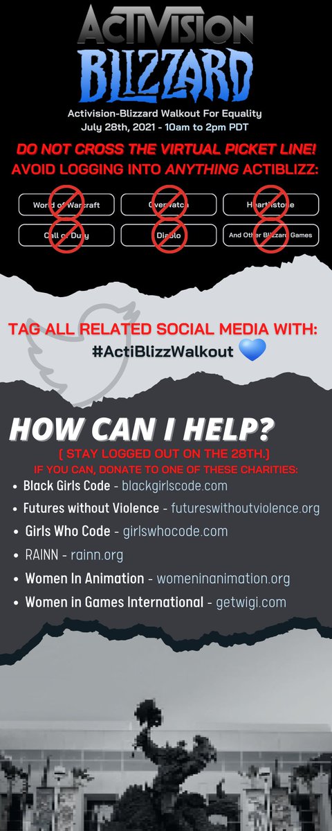 I assume many/most of the people that follow me will have already seen this, but a huge swath of Blizzard staff are organizing a walkout today, Jul 28th.

It is asked that players do not login to any Blizzard game during this time. More info in the image.

#ActiBlizzWalkout