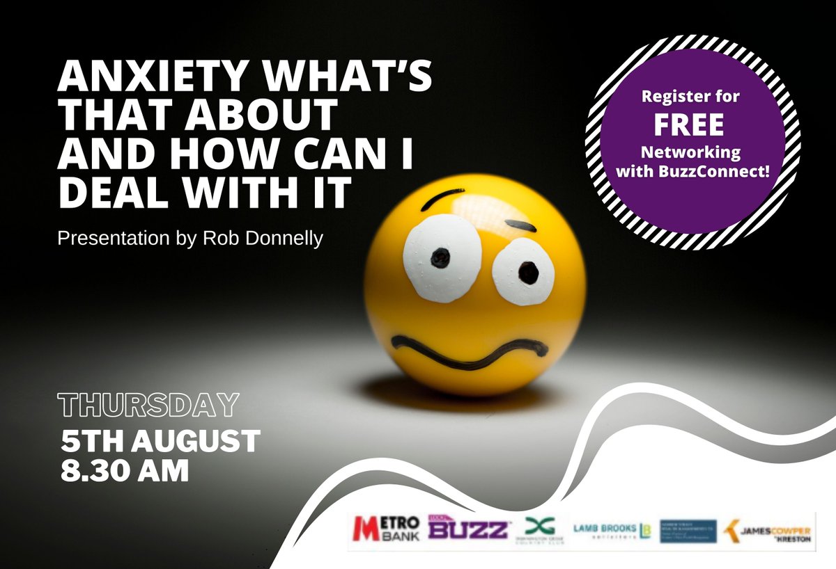 UKBuzzConnect's tweet image. ✅ This week at BuzzConnect ... Anxiety what’s that about and how can I deal with it.
Join @BuzzConnect this Thursday 5th August at 8.30am for FREE Business Networking. Presentation by Rob Donnelly.

👉 Register here - lnkd.in/daUtqy6