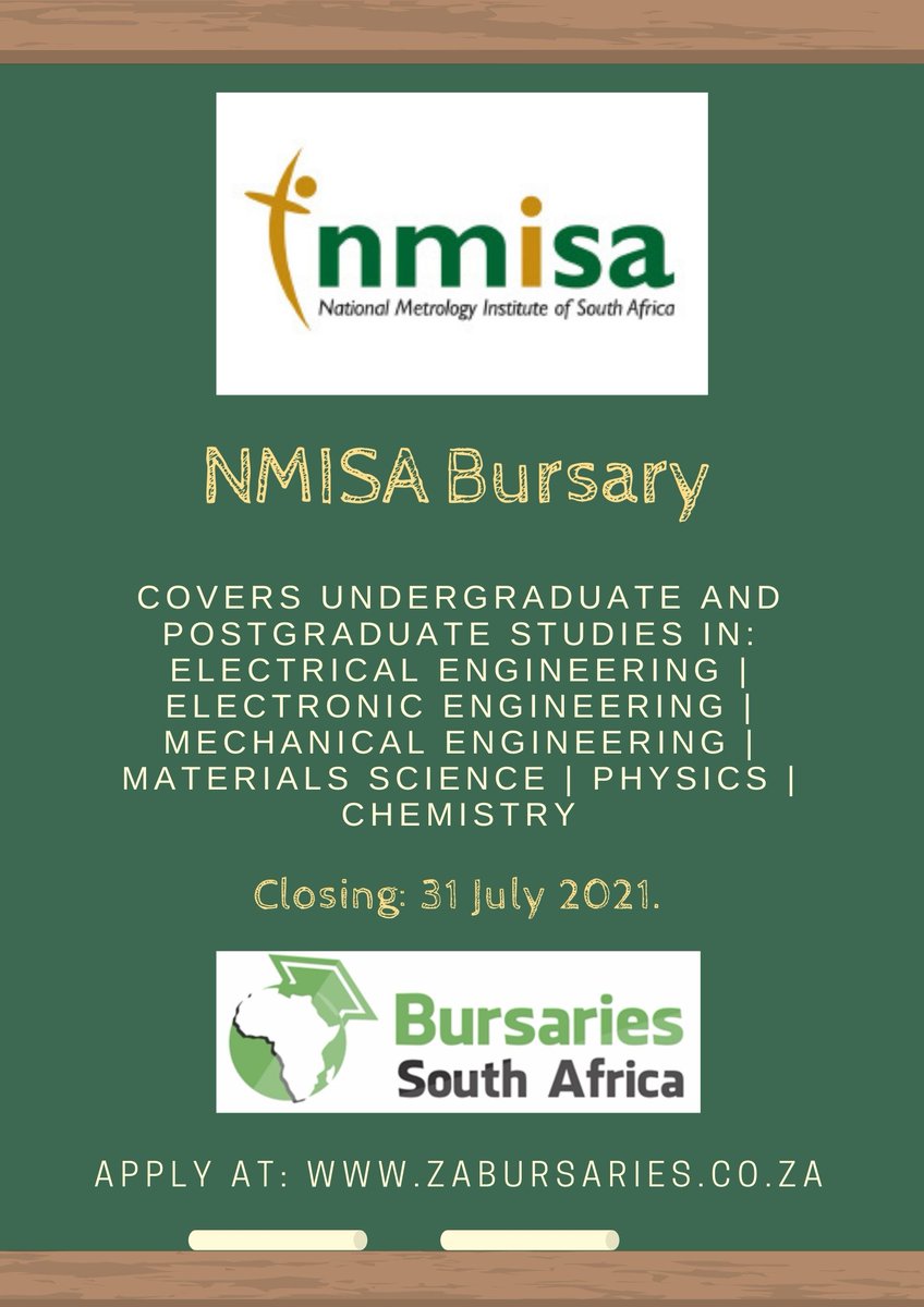 SABursaries's tweet photo. REMINDER- The NMISA (National Metrology Institute of South Africa) Bursary is closing on 31 July 2021. APPLY HERE: https://t.co/Yla8sr2Pzw
Covers Engineering and Science (Undergrad & Postgrad)
#bursary #bursaries #SABursaries #ZABursaries #BursariesSouthAfrica #NMISA https://t.co/lxUOkpwFaM